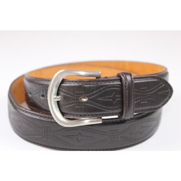 Dark Brown Tooled Leather Belt Silver Tone Buckle Western size 39 - Picture 1 of 3
